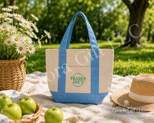 Trader Joe's Mini Pastel Canvas Tote Bag Blue Reusable Shopping Beach Picnic New